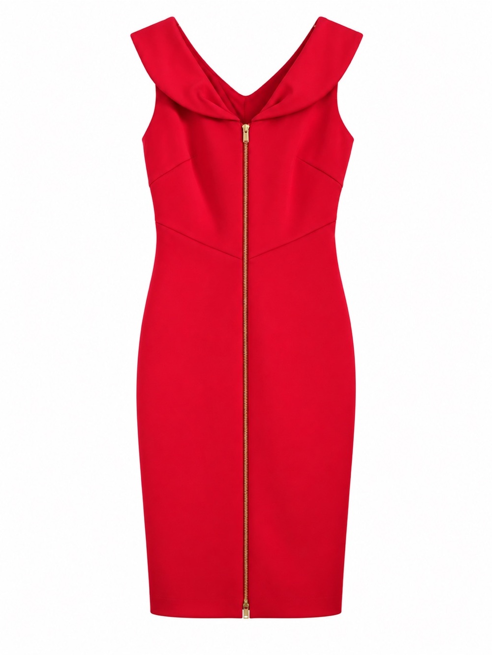 Calvin Klein Portrait Collar Full Zip-Front Scuba Sheath Midi Dress in Red
